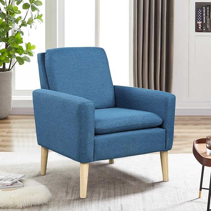Lohoms Modern Accent Chair for Living Room, Comfy Upholstered Reading Leisure Chair for Bedroom, Mid-Century Armchair Linen Fabric Single Sofa Chair for Apartment, Waiting Room, Navy Blue