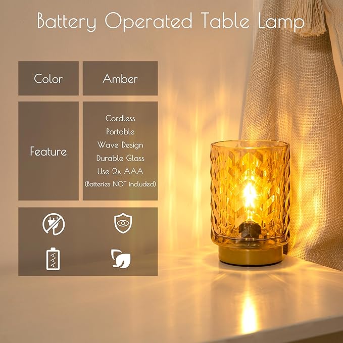 Aesthetic Battery Operated Lamp with Timer, Small Decorative Table Lamp, Glass Cordless Lamps Bedside Battery Powered Lamp for Living Room, Entryway Wave Design-Amber