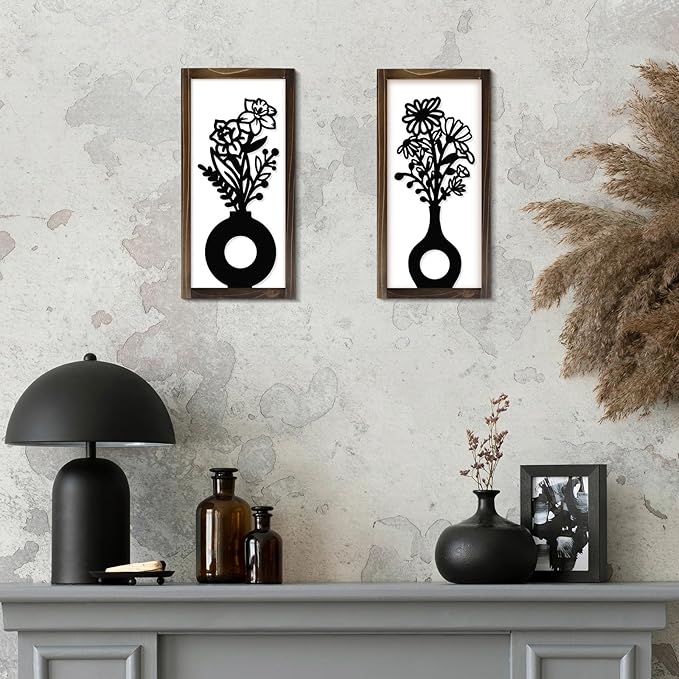 Kas Home 3D Floral Wall Art, 2 Set Rustic Wood Boho Flower with Vase Framed Wall Decor for Bathroom Living Room Bedroom Office Housewarming Gift, Ready To Hang Plaque Sculptures (White-B, 6L" x 12W", Framed)