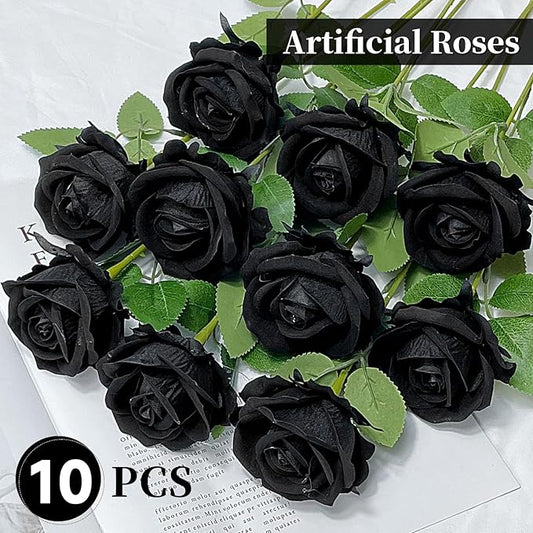 10 PCS Artificial Roses with Long Stems Silk Flowers Realistic Foam Flowers Fake Roses for Valentine's Day Home Wedding Halloween Decor(Black)