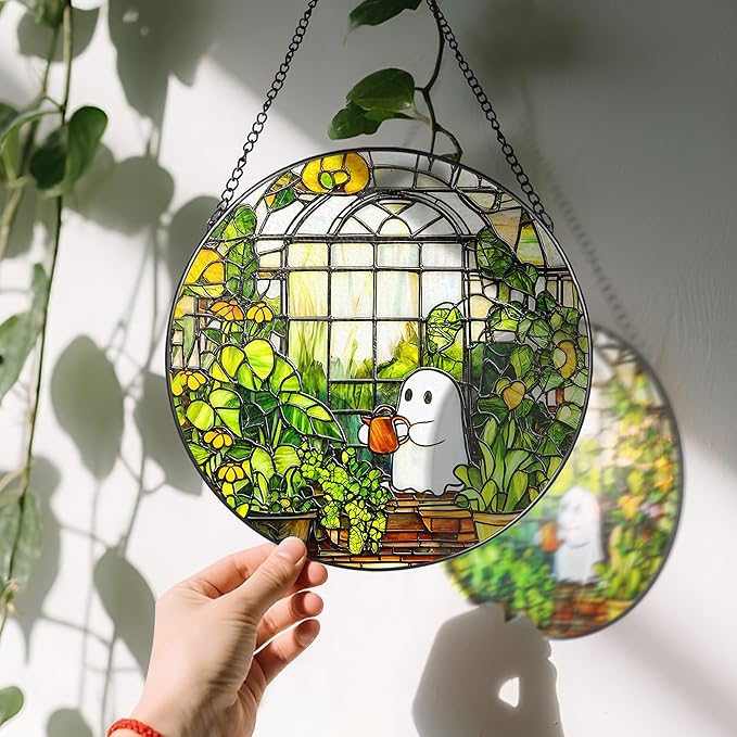 8'' Halloween Ghost Greenhouse Sun Catcher Ornament, Stained Glass Window Hanging, Sun Catchers for Windows Hanging Ornaments, Window Decor, Holiday Present, Ideal Gift | Plant Lovers Gifts