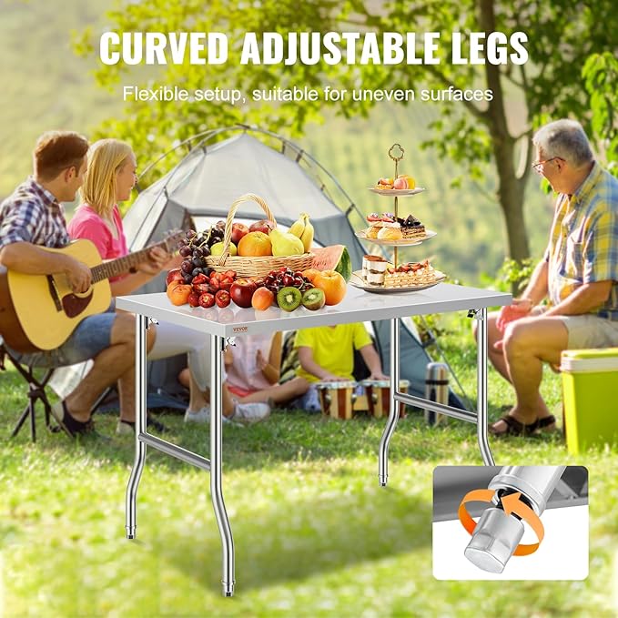 VEVOR 48 x 30 Inch Folding Commercial Prep Table Commercial Worktable Workstation, Heavy-Duty Stainless Steel Folding Table with 220 lbs Load, Silver Stainless Steel Kitchen Island，Kitchen Work Table