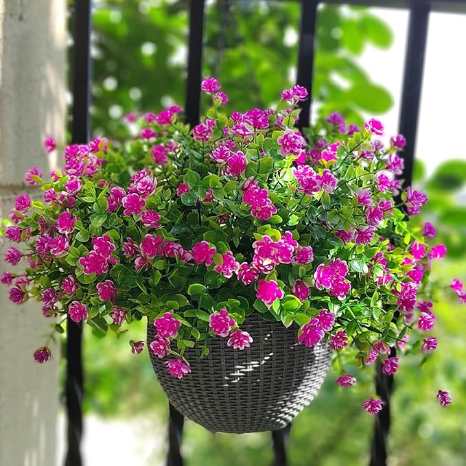 12 Bundles Artificial Flowers for Outdoors, UV Resistant Fake Flowers with Plastic Plants, Faux Flowers for Outside Window Box Front Porch Hanging Planter Decor (Magenta)