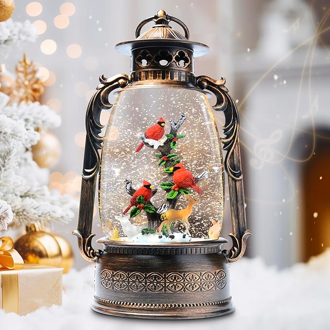13.4" Christmas Snow Globe Lantern with Swirling Glitter Christmas Decorations Indoor, Cardinals & Rotating Tiny Animal Lighted Musical Snow Globes for Home Decoration USB Powered or Battery Operated