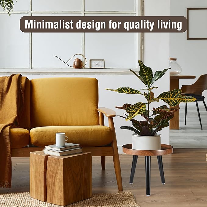 Indoor Plant Stand,Wood Mid Century Plant Table in Walnut Finish,Tall Plant Stand for Flower Pot,Modern Round Small Side End Table with Raised Design (Walnut, 12"x10.8")