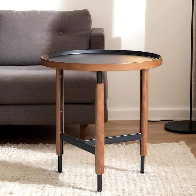 LukeAlon Modern Round Side Table for Living Room - Circle Wooden Table Top with Black Cross Legs Base, Rustic, Vintage, Easy Assembly, Black (19" D x 19" W x 21.5" H)