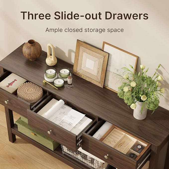 Gizoon Sofa Table with 3 Drawers, Modern Accent Console Table with Open Shelf, Large Storage Space, for Living Room, Front Hall, Entrance Hall, Study Room, Dark Brown