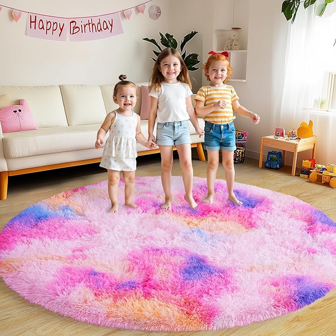 Round Fluffy Rugs 7Ft for Girls Bedroom, Dark Rainbow Shag Circle Kids Rug Non-Slip for Bedside Dorm Nursery Playroom, Soft Cute Area Rugs for Living Room Decor