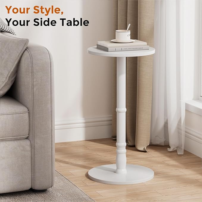 Round Side Table, Solid Wood Pillar with Wood Top & Base, Small Drink Accent Table for Living Room, Bedroom, Sofa & Office, Easy Assembly, White