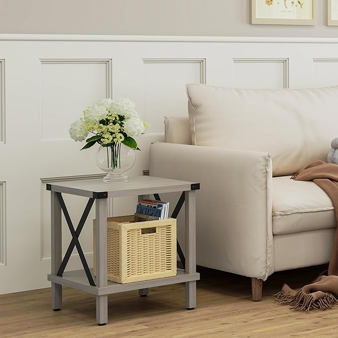 Large End Table Farmhouse Side Table Industrial Style Sofa Table Metal X Accent Wood Coffee Table NightStand with Storage Shelf for Living Room Bedroom Oak Grey MLBZ16Z