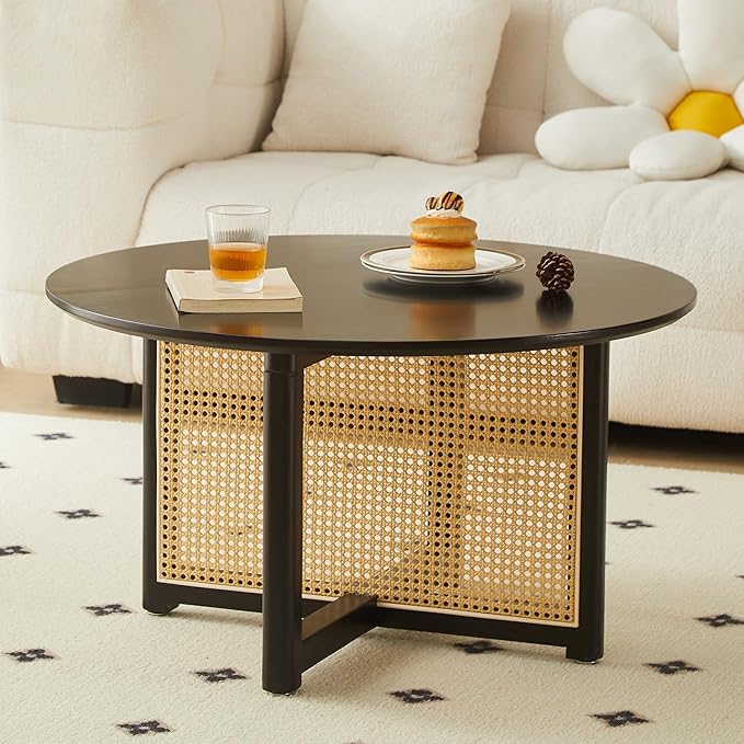 Small Round Coffee Table – 31.5" Solid Wood & Rattan Coffee Table, Modern Rustic Accent Table for Living Room, Boho Style