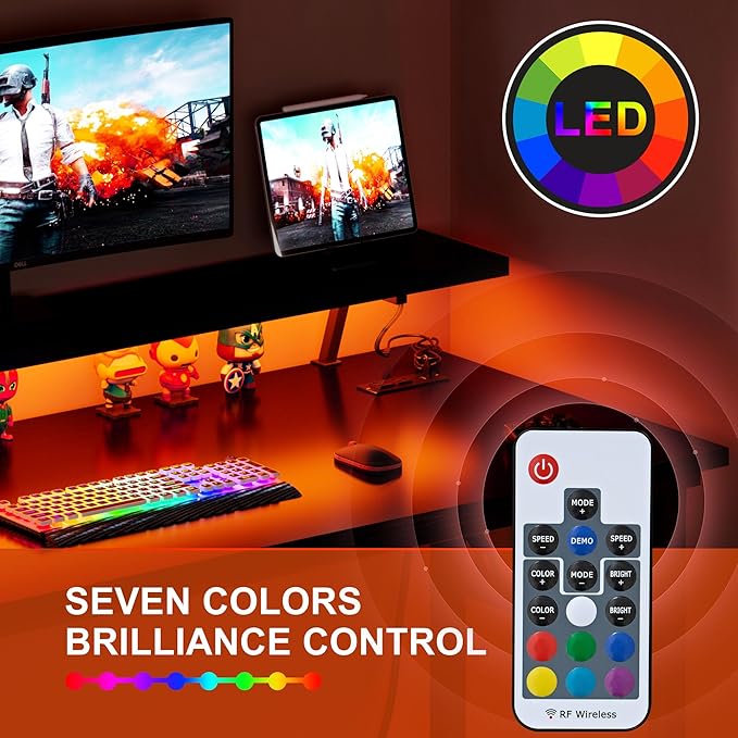 DlandHome Computer Desk 39’’ with LED Lights & Power Outlets,Folding Desk with Monitor Stand, Writing Desk Home Office Desk, Fully Assembled,Black