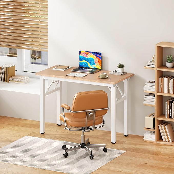 DlandHome Folding Desk Small Desk 31.5 inches Computer Desk for Home Office Folding Table Writing Table for Small Spaces No Assembly Required Pink Oak & White Frame