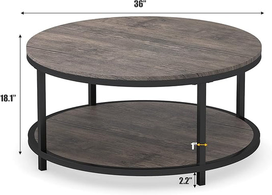 WiberWi Round Coffee Table 35.8" Circle Coffee Tables for Living Room Rustic Industrial Cocktail Table with Sturdy Metal Frame and Open Storage Shelf, Easy Assembly, Gray Brown
