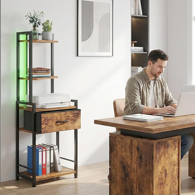 5-Tier Corner Shelf Stand with LED Lights & Fabric Drawer - Rustic Brown Freestanding Corner Cabinet Storage Organizer for Living Room, Bedroom, Office