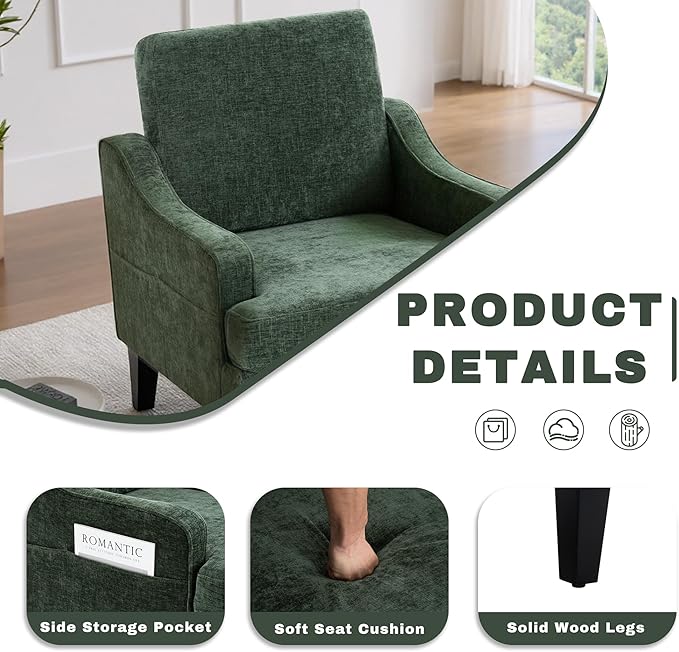 Accent Chair for Living Room,Mid-Century Arm Chair Chenille Living Room Chairs,Upholstered Reading Chair for Bedroom,Single Sofa Chair with Wood Legs for Apartment,Green