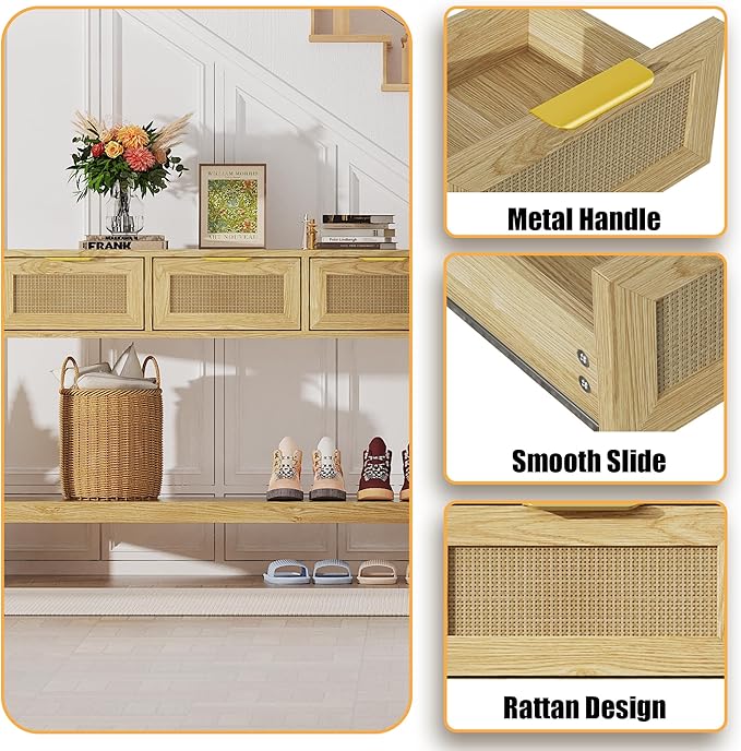 Entryway Table, Rattan Console Table with 3 Storage Drawers and Storage Shelf, Sofa Table with Socket, for Entryway, Living Room, Behind Couch and Hallway (Light Yellow)