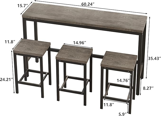 Merax 4-Piece Counter Height Extra Long Dining Table Set with 3 Stools and Footrest, Modern Design Kitchen Dining Table, Pub Table, Long Dining Table Set, Brown Gray