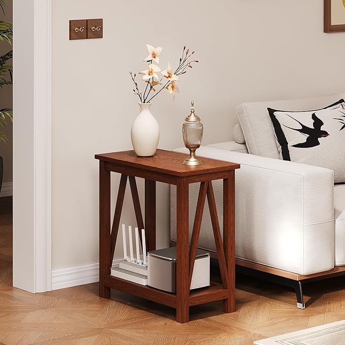 ChooChoo Farmhouse End Table Set of 2, Rustic Vintage Narrow End Side Table with Storage Shelf for Small Spaces, Nightstand Sofa Table for Living Room, Bedroom Walnut