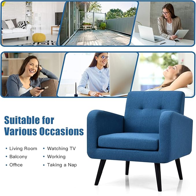 Giantex Upholstered Accent Chair, Modern Mid Century Linen Fabric Living Room Chair with Arms, Max Load 265 Lbs, Comfy Tufted Single Sofa for Reading, Bedroom, Office, Club, Blue