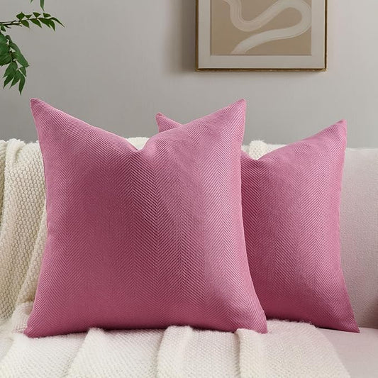 FUTEI Hot Pink Chenille Throw Pillow Covers 16x16 Inch Set of 2,Soft Wide Chevron Textured Cushion Case,Farmhouse Home Decor for Couch Living Room