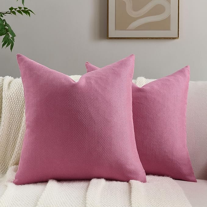 FUTEI Hot Pink Chenille Throw Pillow Covers 22x22 Inch Set of 2,Soft Wide Chevron Textured Cushion Case,Farmhouse Home Decor for Couch Living Room