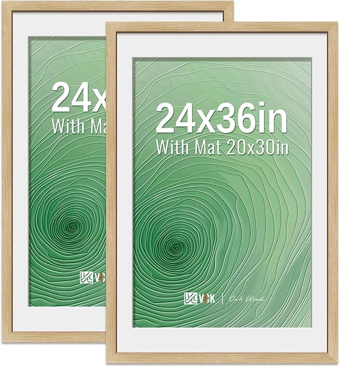 VCK 24x36 Poster Frame 2 Pack - Natural Oak, High-End Wood Picture Frames with Polished Plexiglass, Display 20x30 Photo with Mat or 24x36 without Mat, Art Gallery-Quality, Wall Hanging, Natural Oak