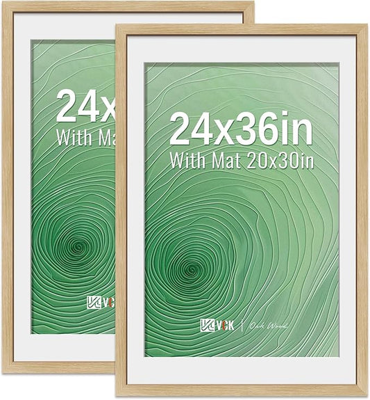 VCK 24x36 Poster Frame 2 Pack - Natural Oak, High-End Wood Picture Frames with Polished Plexiglass, Display 20x30 Photo with Mat or 24x36 without Mat, Art Gallery-Quality, Wall Hanging, Natural Oak