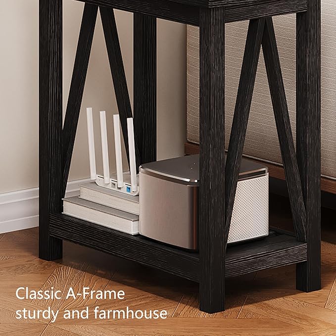 ChooChoo Farmhouse End Table Set of 2, Rustic Vintage Narrow End Side Table with Storage Shelf for Small Spaces, Nightstand Sofa Table for Living Room, Bedroom Black