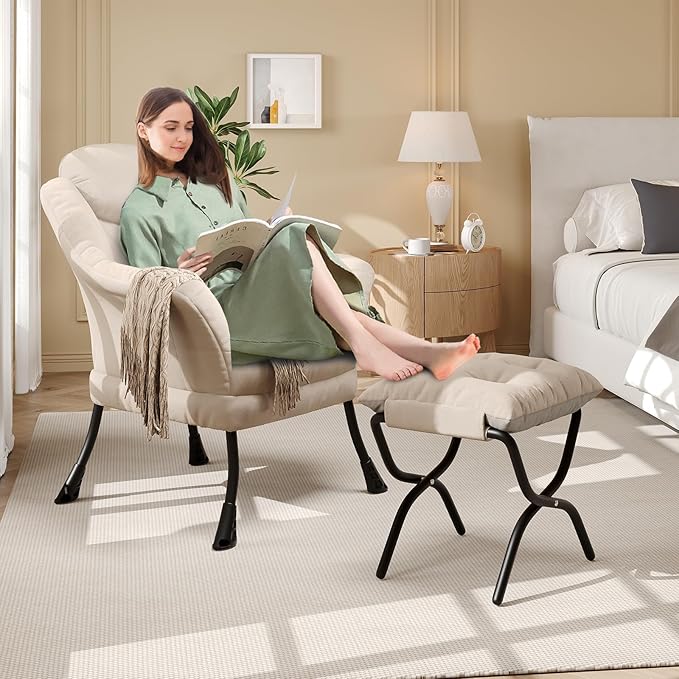 Living Room Chair Modern Accent Chair with Ottoman, Ergonomic Support, Foldable Footrest, Removable Washable Cover, Perfect for Bedroom and Living Room, Beige