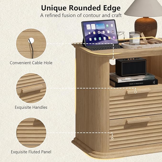 23'' Fluted Nightstand with Charging Station Set of 2, Modern End Table with 2 Drawers and Storage, Wood Night Stand with Round Corner, Side Table for Bedroom, Living Room, Curved Profile, Natural