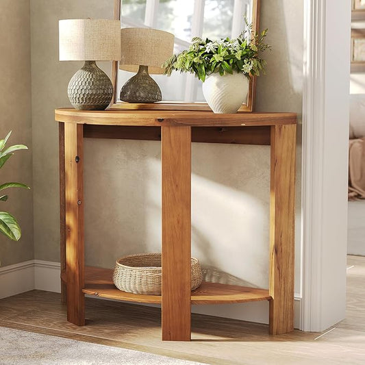 Solid Wood Half-Moon Console Table for Entryway, 41.3" Farmhouse Small Hallway Entry Accent Table with 2-Tier Storage for Living Room, Foyer, Entrance, Easy Assembly