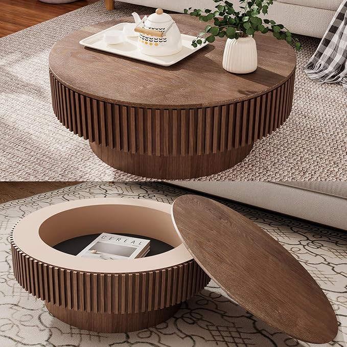 31.5 Inch Round Drum Coffee Table with Storage, Handcraft Fluted Drum Coffee Table, Modern Wooden Round Coffee Table Center Table with Sturdy Pedestal for Living Room Apartment (Walnut)