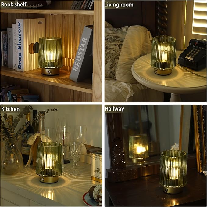 Cordless Lamp Rechargeable Battery Operated lamp, Glass Small Table lamp - Portable Dimmable Brightness Touch Wireless Bedside Lamp for Bedroom Kitchen Dining Home Living Room Decor Grey