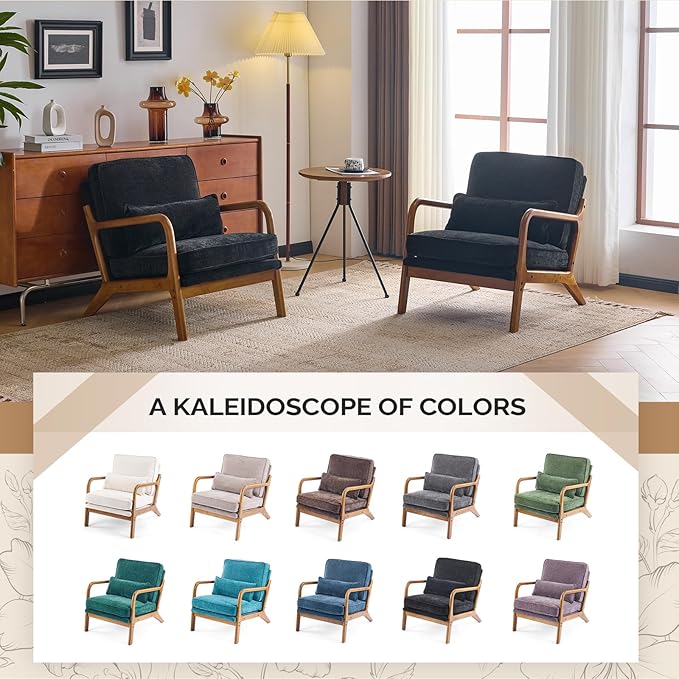 VINGLI Chenille Mid-Century Modern Accent Chair, Cute Reading Arm Chair with Cushion & Lumbar Pillow & Solid Wood Frame for Lounge, Living Room, Reading Room, Bedroom, Black