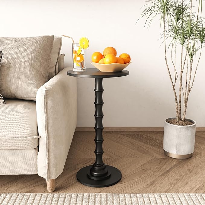 Round Side Table, Modern Drink Table for Small Spaces, Small End Table with Solid Wood Leg for Living Room, Bedroom, Corners, and Office (Black)