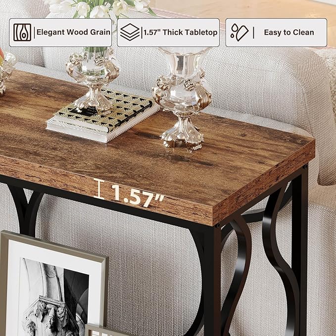 IBF 39.4" Narrow Console Table, Farmhouse Entryway Table in Living Room Hallway Foyer Entrance, Industrial Wood Metal Sofa Table Entry way Behind Couch Tables with 2-Tier Storage Shelves, Rustic Brown