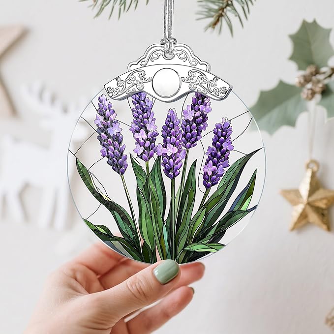 Stained Glass Ornament: Lavender Flower Christmas Ornament – Christmas Tree Decor & Holiday Decor | Flower Lovers Gifts, Gift Exchange & Gifts for Family, Coworkers, Friends & Her