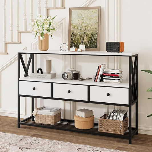 47'' Farmhouse Console Table with 3 Drawers and Open Shelf, Sofa Table Behind Couch with 3-Layer Storage, Rustic Entryway Table for Living Room, Hallway, Foyer, Kitchen, White