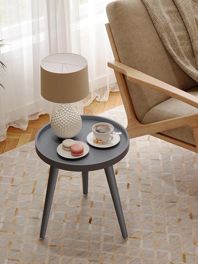Apicizon Round Grey Side Table, Tray Nightstand Coffee End Table for Living Room, Bedroom, Small Spaces, Easy Assembly Bedside Table, 15 x 18 Inches