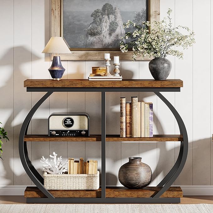 Tribesigns 41.3" Console Table, Industrial 3-Tier Entryway Table with Arched Metal Frame and Storage Shelves for Living Room, Hallway, Rustic Brown