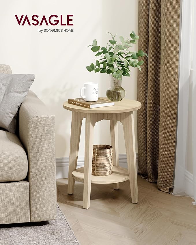VASAGLE MAEZO Collection - Side Table, 2-Tier Small Round End Table, Nightstand with Tapered Legs, Curved Transitions, for Small Spaces, Living Room, Bedroom, Natural Beige ULET283N01