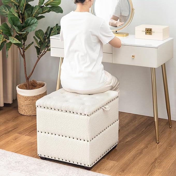Adeco 18" White Square Storage Ottoman with Tray, Modern Cube Ottoman Coffee Table for Dorm, Bedroom