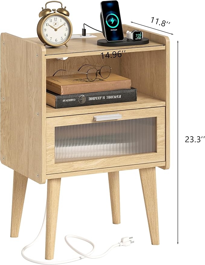 Nightstand with Charging Station, Natural Wood Bedside Tables, Modern End Table, Side Table with 2 Tiers Storage Space for Bedroom Living Room MLBZ07YE-2