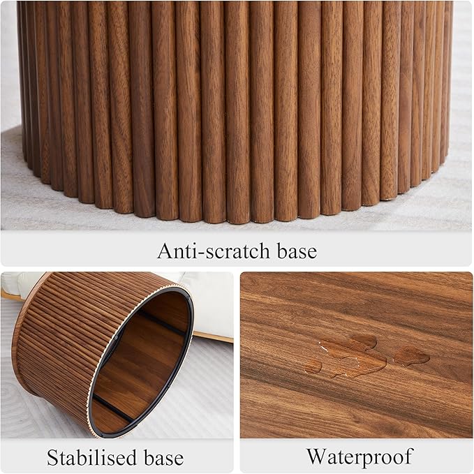 Fluted Round Nesting Coffee Table Set of 2, Mid Century Modern Wood Coffee Table and End Table Set, Minimalist Center Tables Circle Side Table for Living Room, Office(Walnut)