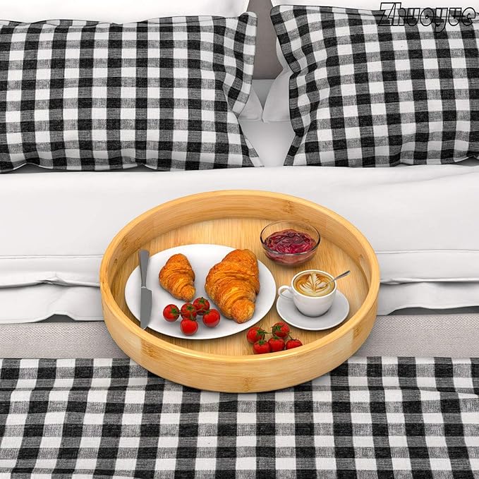 Zhuoyue 13“ Round Serving Tray with Handles - Wood Bamboo Decorative Tray for Ottoman, Coffee Table Circle Tray for Food, Cocktail, Drink