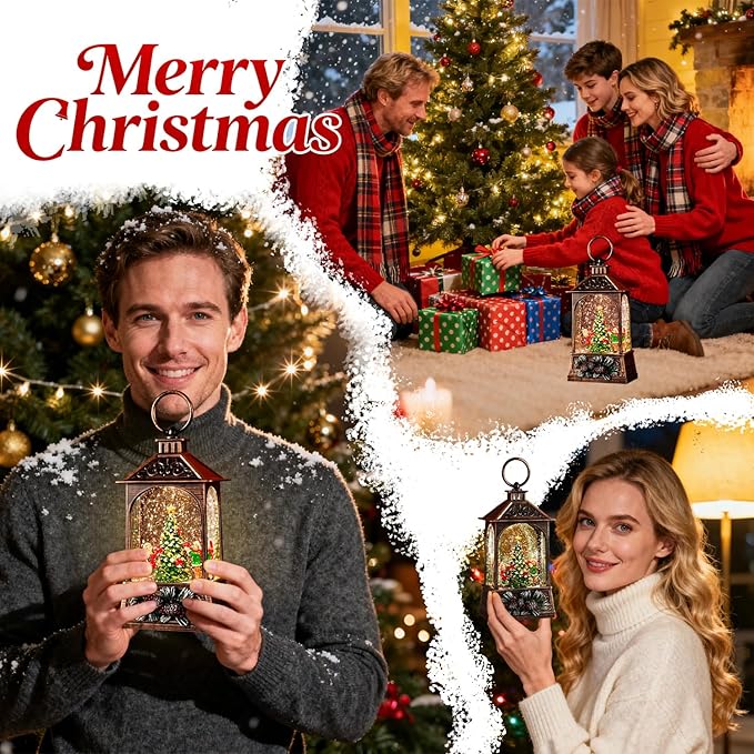 Christmas Lantern,Christmass Snow Globe Lantern Lights with 8 Christmas Songs,Battery & USB Powered,Christmass Snow Swirling Glitter Water Globe Lanterns for Xmas Home Decoration Holiday Party Gifts.