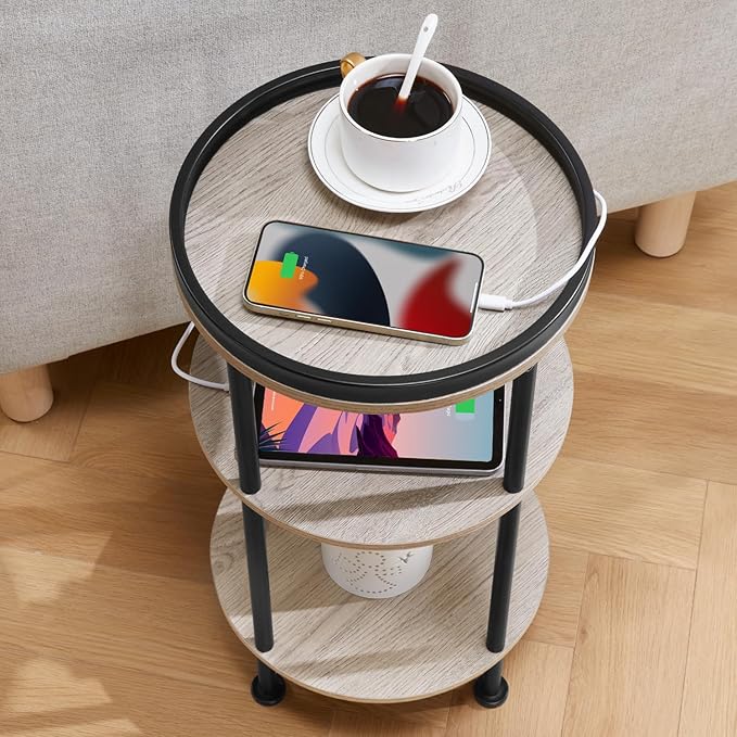 Small Round Side Table with Charging Station for Small Spaces, 3-Tier Accent Table with USB Ports & Power Outlets, Corner Tea Table Sofa Table for Living Room Nightstand Bedroom Apartment(USB,Oak)