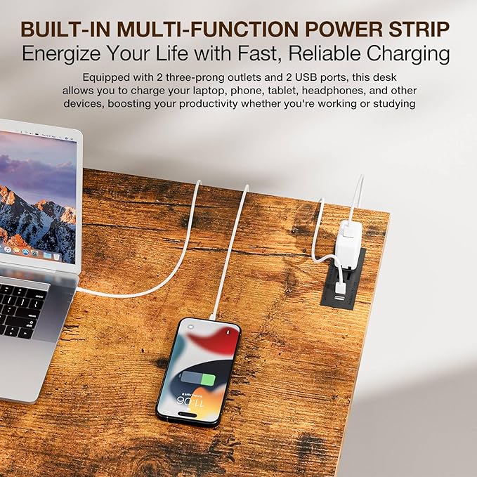 TEMI Small Computer Desk Folding Table - No Assembly, Compact 35.8" Foldable Desk with Power Outlets & USB Charging Port, Portable Small Office Desk, Ideal Mini Study Table for Narrow Spaces, Brown