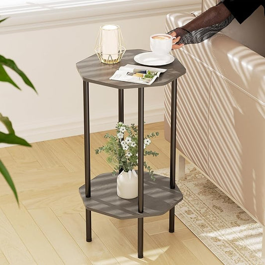Side Table, Octagonal End Table for Small Spaces, Nightstand with 2 Storage Shelves, Small Table Stand for Bedroom, Living Room, Outdoor Balcony(Gray)